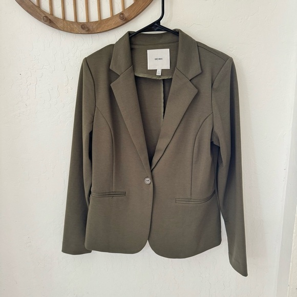 Ichi Mossy Green Supple Cinched Jersey Stretch Single Breast Blazer Medium - Picture 11 of 11